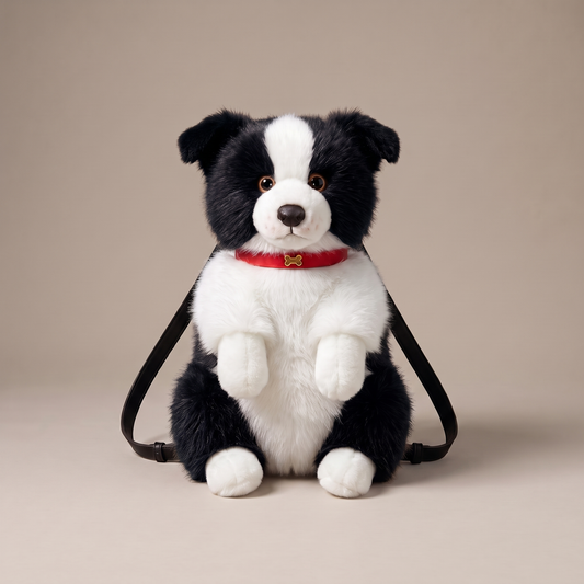 Sac à dos peluche colley noir et blanc avec bretelles noires