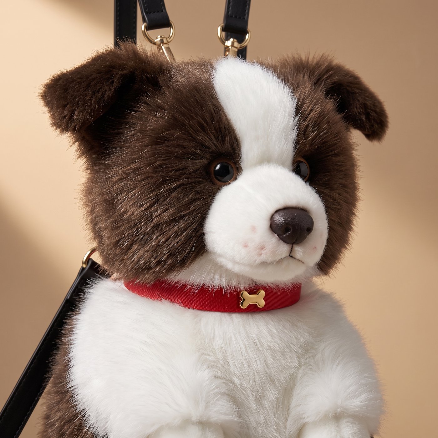 Gros plan sur la tête du colley brun foncé en peluche