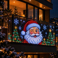 Balcón iluminado de noche con un Santa animado hecho de luces LED La Nocte