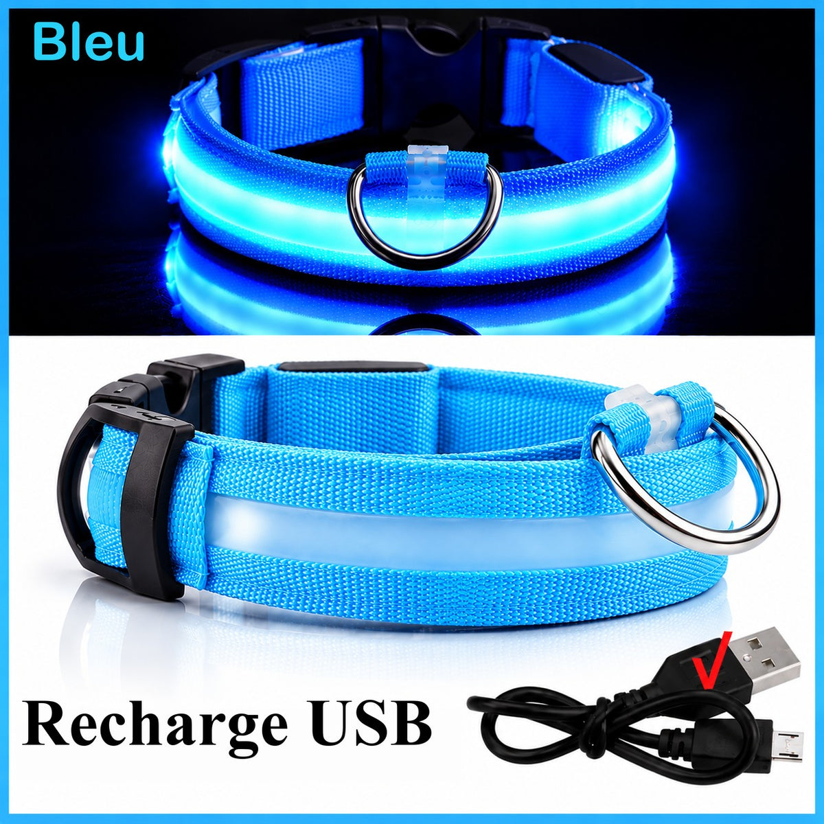 Collier lumineux bleu allumé et son câble de recharge USB