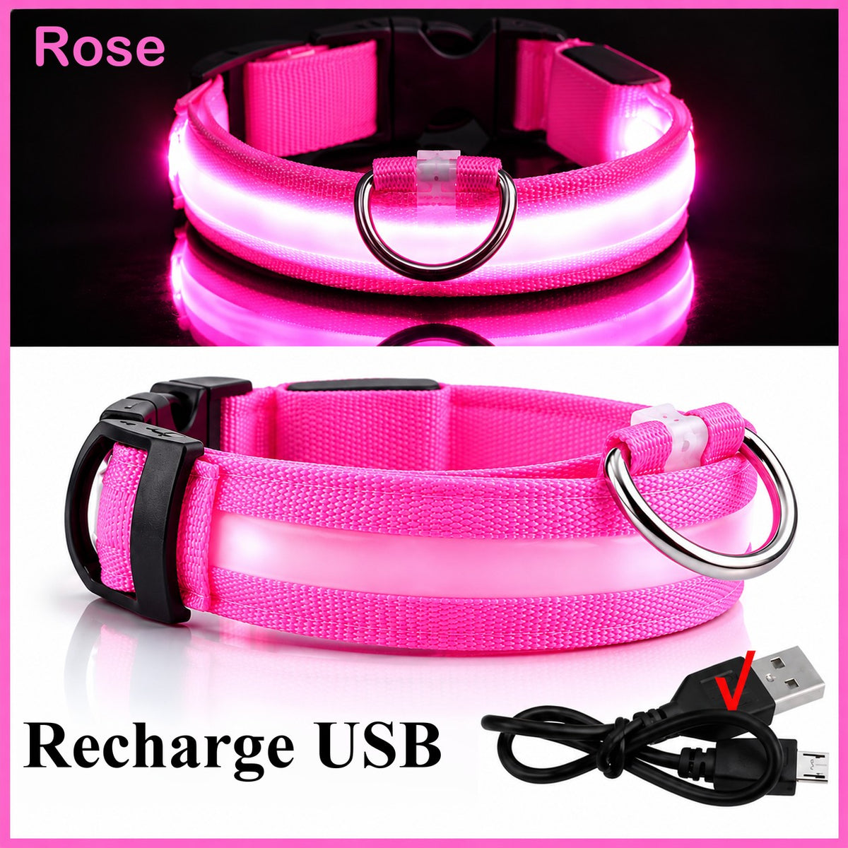 Collier lumineux rose allumé et son câble de recharge USB