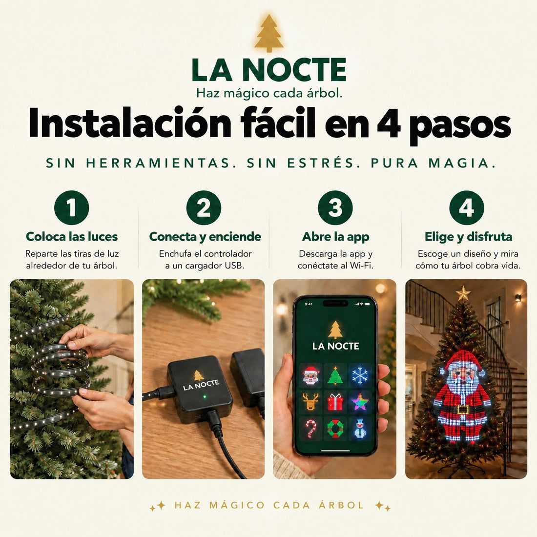 Instalación fácil en 4 pasos de las luces para árbol La Nocte