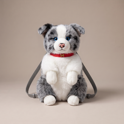 Sac à dos peluche colley gris merle aux yeux bleus