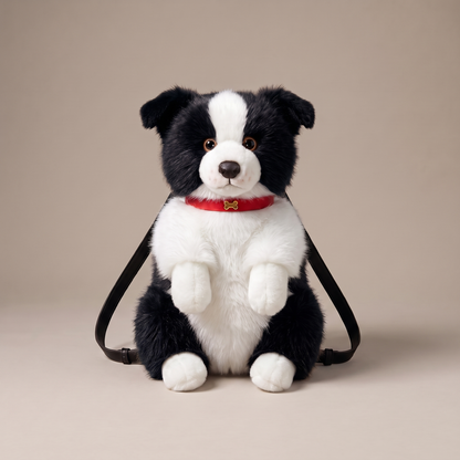 Sac à dos peluche colley noir et blanc avec bretelles noires